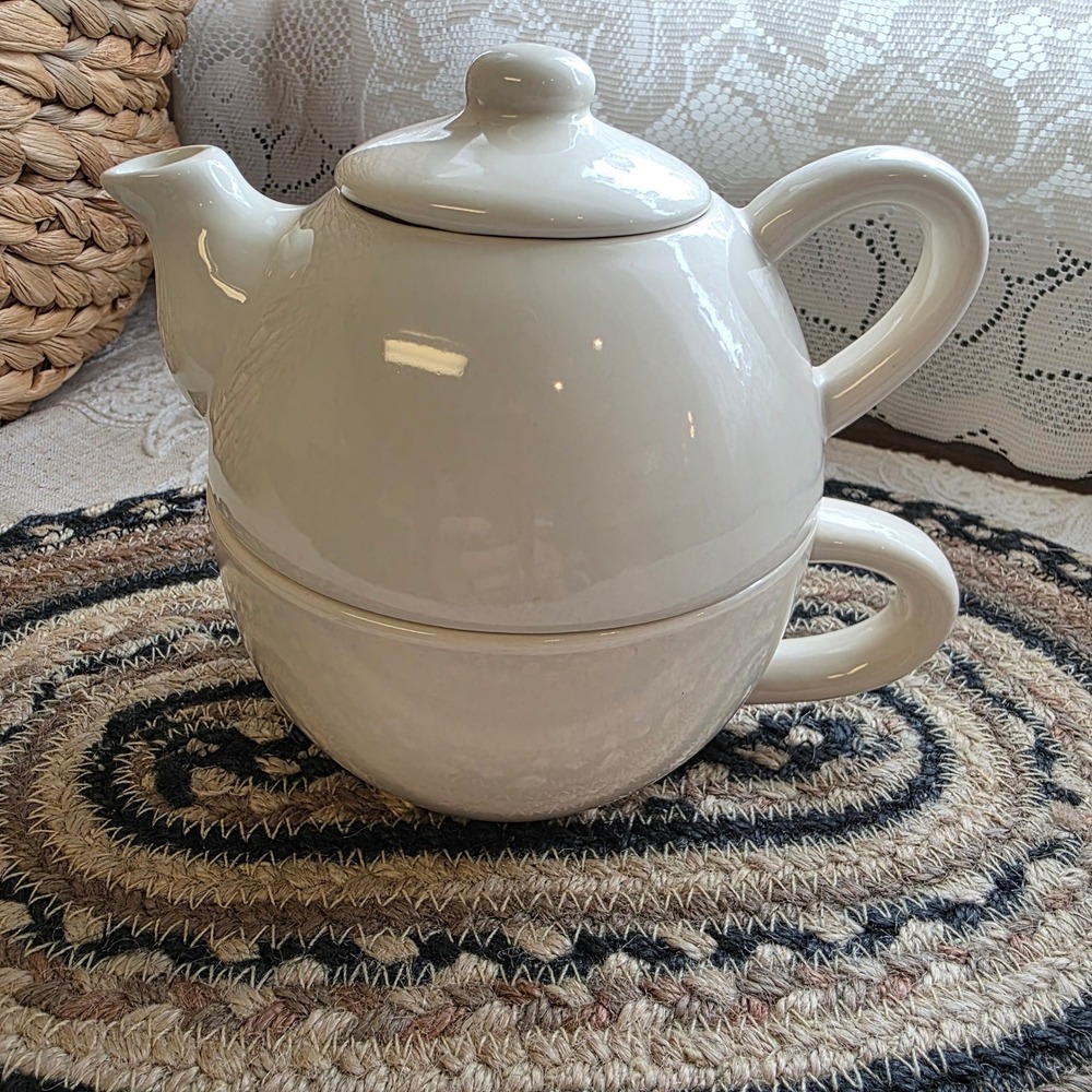 Pier 1, Tea for One Set Small Cream Off-White Ceramic Stackable‎ Teapot and Cup